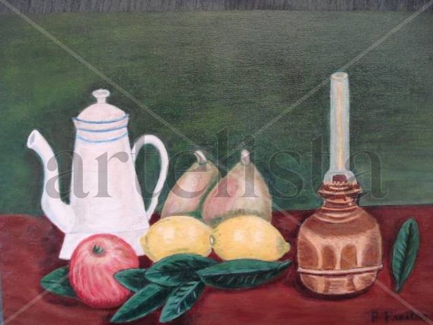 Tetera con candelabro y frutas Oil Panel Still Life Paintings