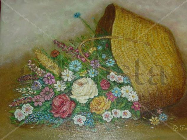 Cesto con rosas y margaritas Oil Canvas Floral Painting