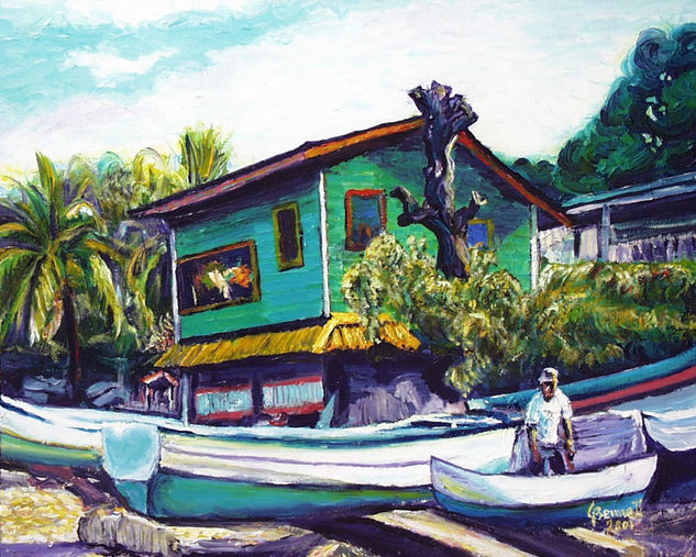 Casa Verde Con Lanchas Acrylic Canvas Landscaping