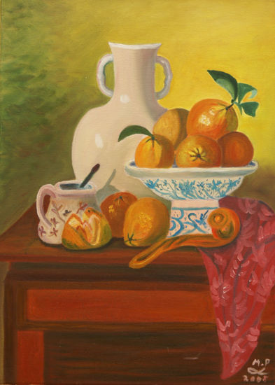 Bodegón de naranjas y pipa Oil Canvas Still Life Paintings