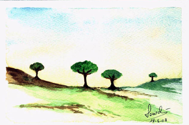 Campo con árboles Acuarela Papel Paisaje