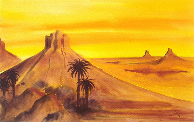 desierto con palmeras Acuarela Papel Paisaje