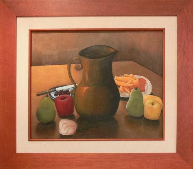 Bodegon, fruta, jarra y rosa