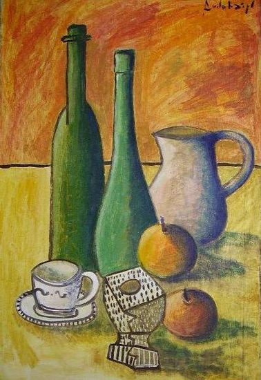 botellas verdes 2 Oil Paper Still Life Paintings