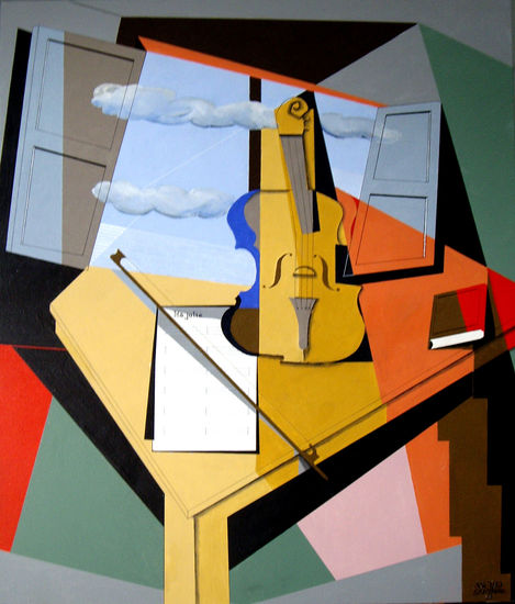 Bodegón cubista con violín II Acrylic Canvas Still Life Paintings