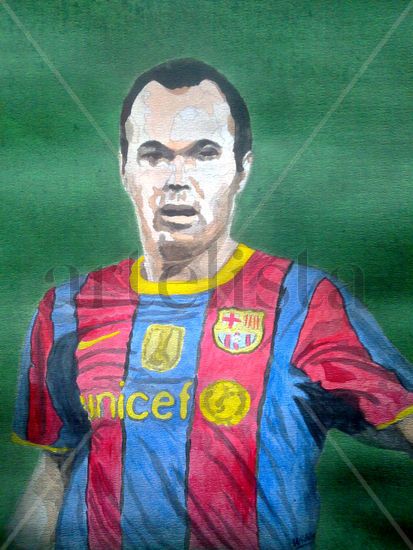 ANDRES INIESTA (F C BARCELONA) Serie: Deportistas Ink Card Figure Painting