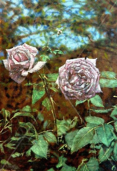 Dos rosas Oil Canvas Floral Painting