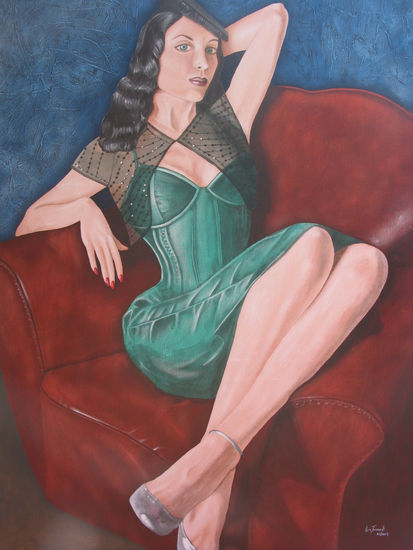 olhos verdes no sofa vermelho Oil Canvas Figure Painting