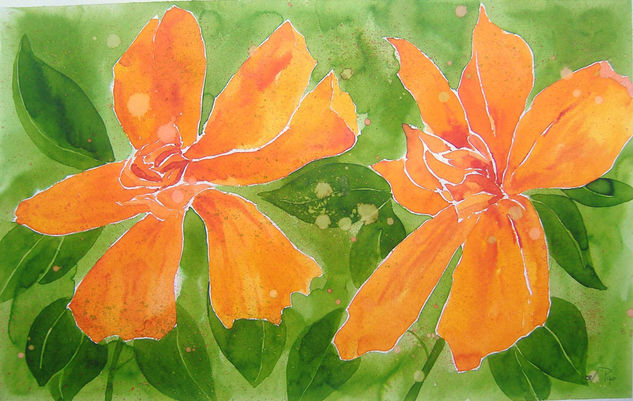 dos hibiscos naranja - vendido Watercolour Paper Floral Painting