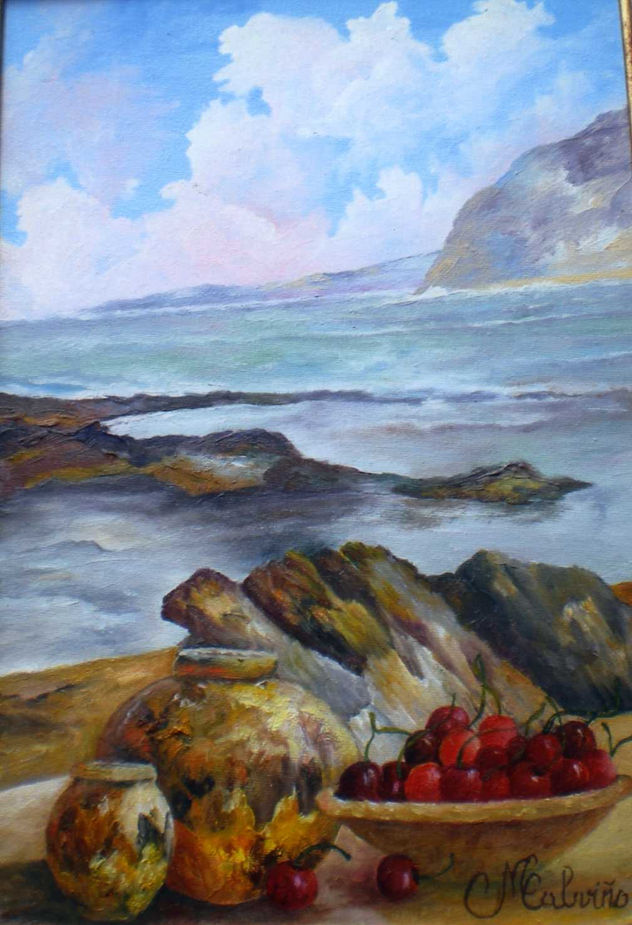 bodegón con paisaje marino al fondo