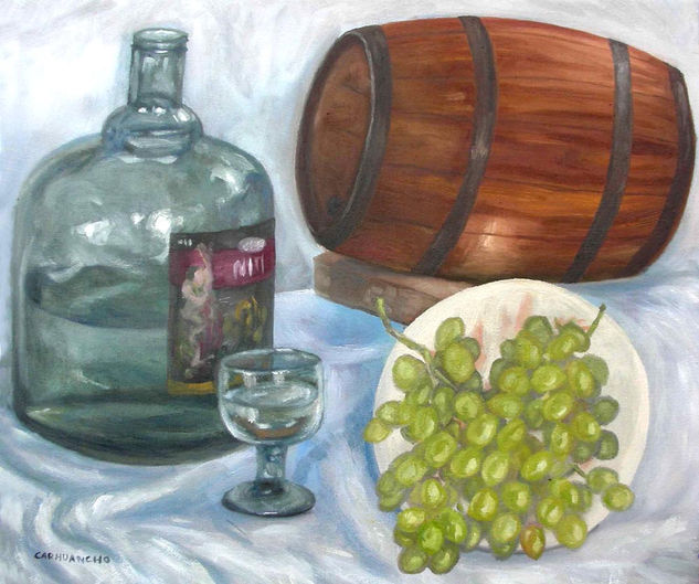 Bodegon pisco y vid Oil Canvas Still Life Paintings