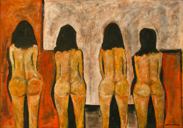 Las cuatro Mixed media Textile Nude Paintings