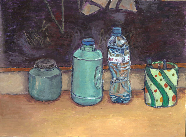 Bodegón con botella de agua Acrylic Paper Still Life Paintings