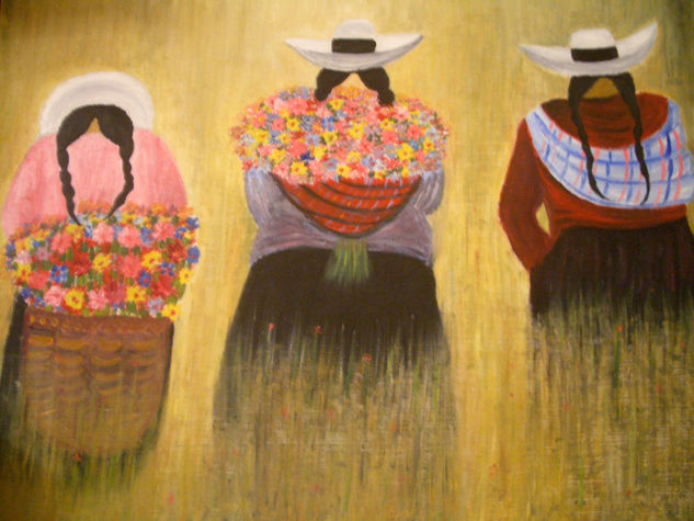 Indigenas recolectando flores . 