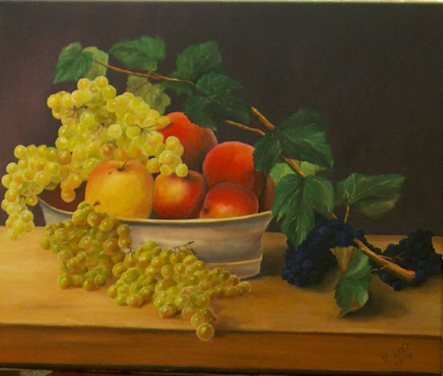 Bodegón con melocotones y uvas Oil Canvas