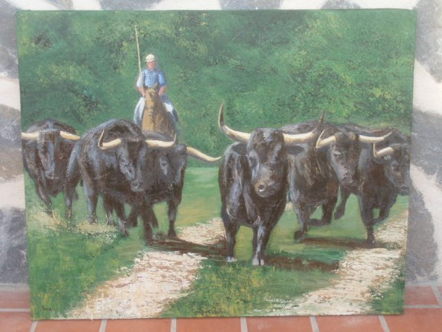 Mayoral con toros Oil Canvas Landscaping