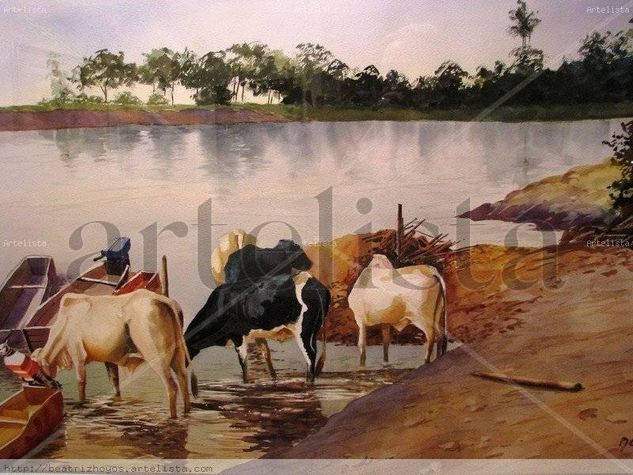 Vacas bebiendo en el Cauca Watercolour Paper Animals