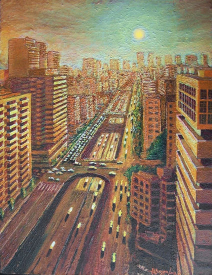 ATARDECER EN AV, LIBERTADOR (1987) Acrílico Tabla Paisaje