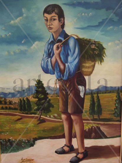 NIÑO CON CESTO DE HIERBA Oil Canvas Figure Painting