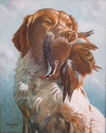 BRETON CON PERDIZ Óleo Lienzo Animales