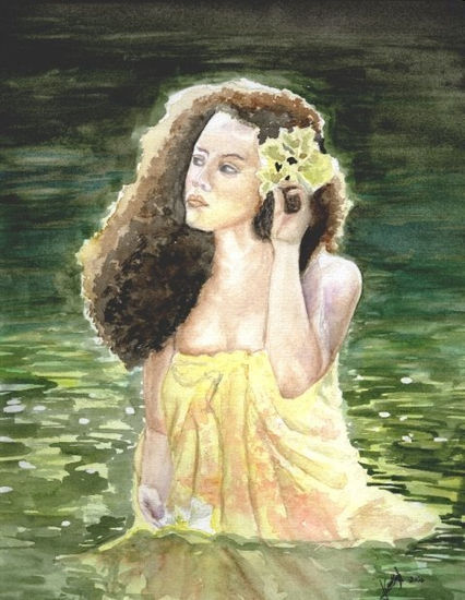 Koritsi sti limnula (Muchacha en la laguna) Watercolour Paper Figure Painting