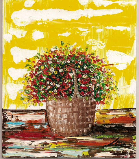 CESTA CON FLORES Oil Panel Floral Painting