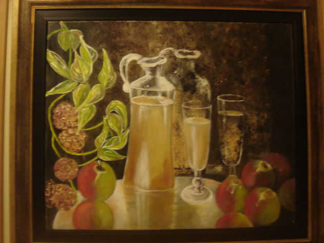 bodegon con manzanas y objetos cristal