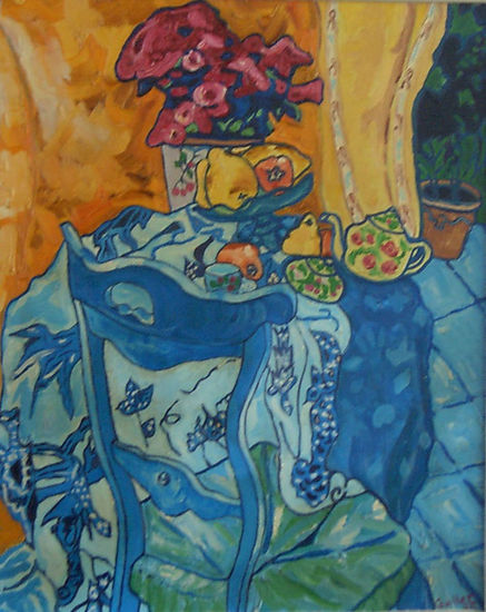 Silla azul y florero Oil Canvas Others