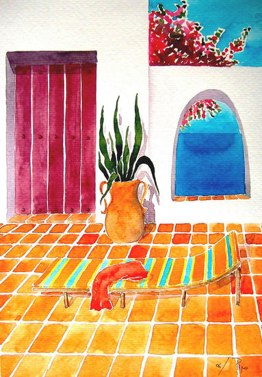 patio con tumbona Acuarela Papel Paisaje