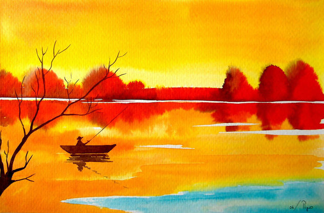 laguna con pescador - vendido
