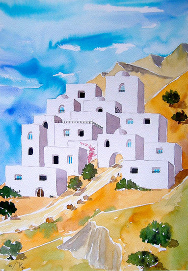 pueblo blanco de montaña - vendido Acuarela Papel Paisaje