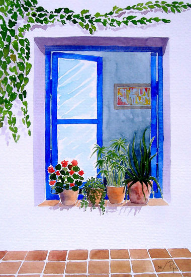 ventana azul - vendido Acuarela Papel Paisaje