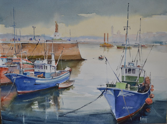 Pesqueros azules Watercolour Paper Marine Painting