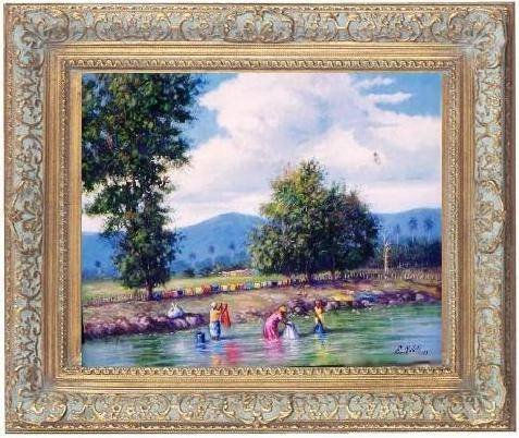 lavando en el rio 2 Oil Canvas Landscaping