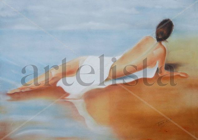 Mujer sobre agua y arena Pastel Card Figure Painting