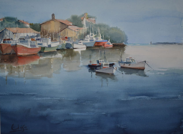 Ría de San Vicente Watercolour Canvas Marine Painting