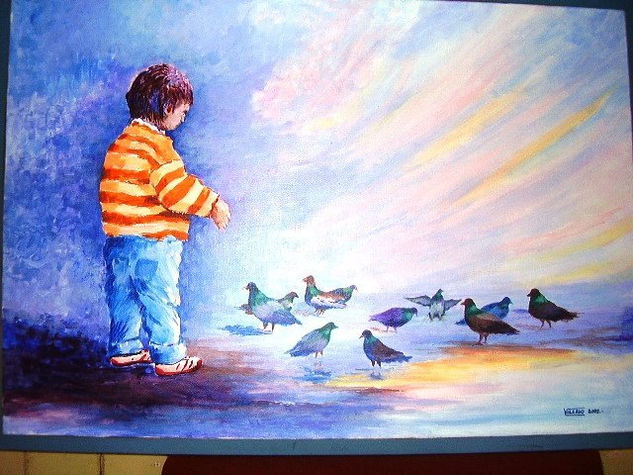 NIÑO Y PALOMAS Acrylic Canvas Figure Painting