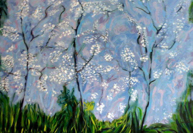 FLORES BLANCAS anunciando PRIMAVERA en el persistente y brumoso invierno Oil Canvas Landscaping