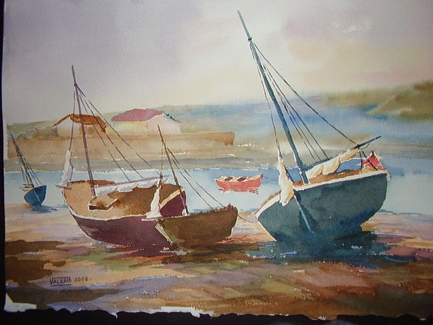 LANCHAS EN LA PLAYA Watercolour Paper Marine Painting