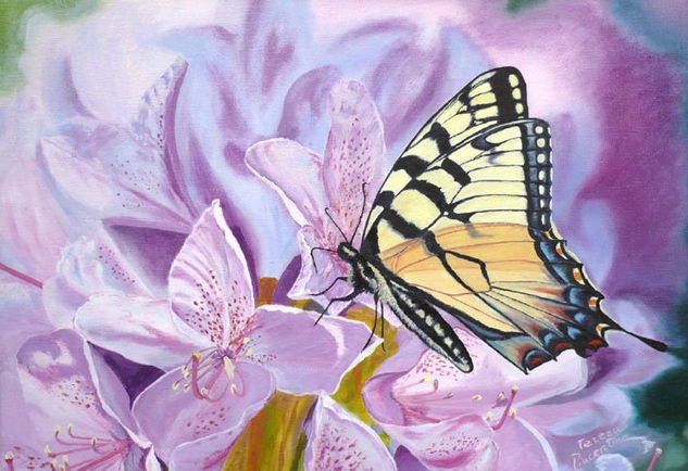 Azaleas y Mariposa Oil Canvas Animals