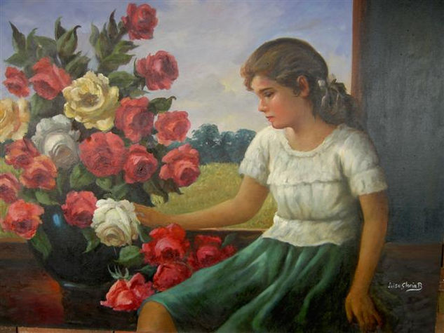 NIÑA CON ROSAS Óleo Lienzo Figura