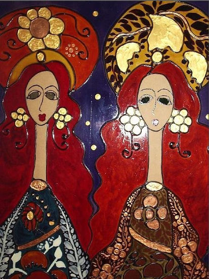 Dos Virgenes Cusqueñas Mixed media Panel Figure Painting