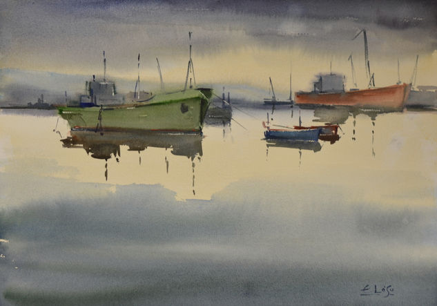 Reflejos en la Ría. Watercolour Paper Marine Painting