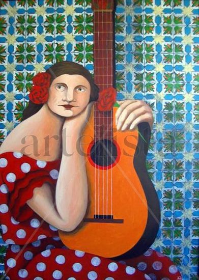 MUJER CON GUITARRA Acrylic Panel Figure Painting