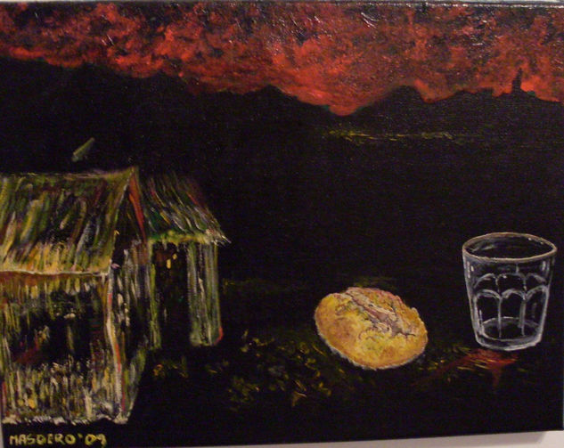 naturaleza muerta con pan alcohol y cabaña Oil Canvas Still Life Paintings