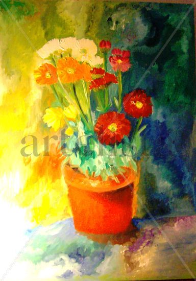 maceta de colores Oil Panel Floral Painting