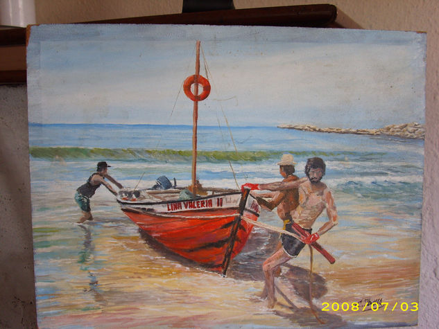 barcaza tirada por pescadores(punta del diablo) Oil Panel Landscaping