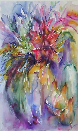 Flores y Peras. Acuarela. 40x60 cms- Watercolour Paper Floral Painting