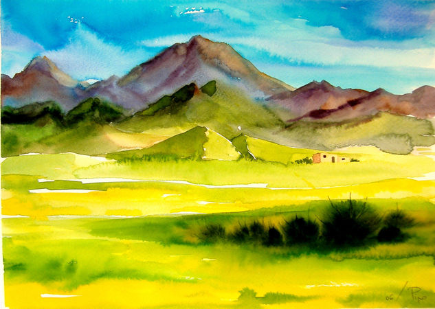 campo verde Acuarela Papel Paisaje