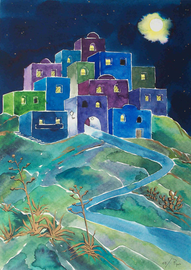 pueblo en una noche de luna llena
